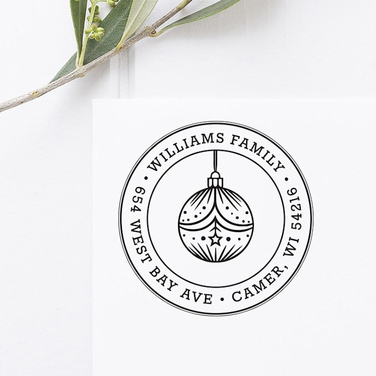 "Ornament Christmas Return Address Stamp, Round Self Inking" - Address Stamps in black by Port of Reverie