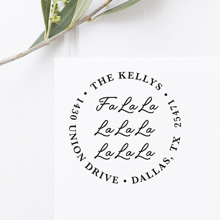 "Fa La La Holiday Return Address Stamp, Round Self Inking" - Address Stamps in black by Port of Reverie