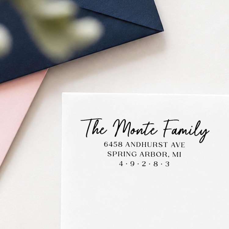 "Brushed Family Stamp - Modern Script Address Stamp | Wood Handle Stamp" - Address Stamps in multicolorassorted-colors by Sara Luke