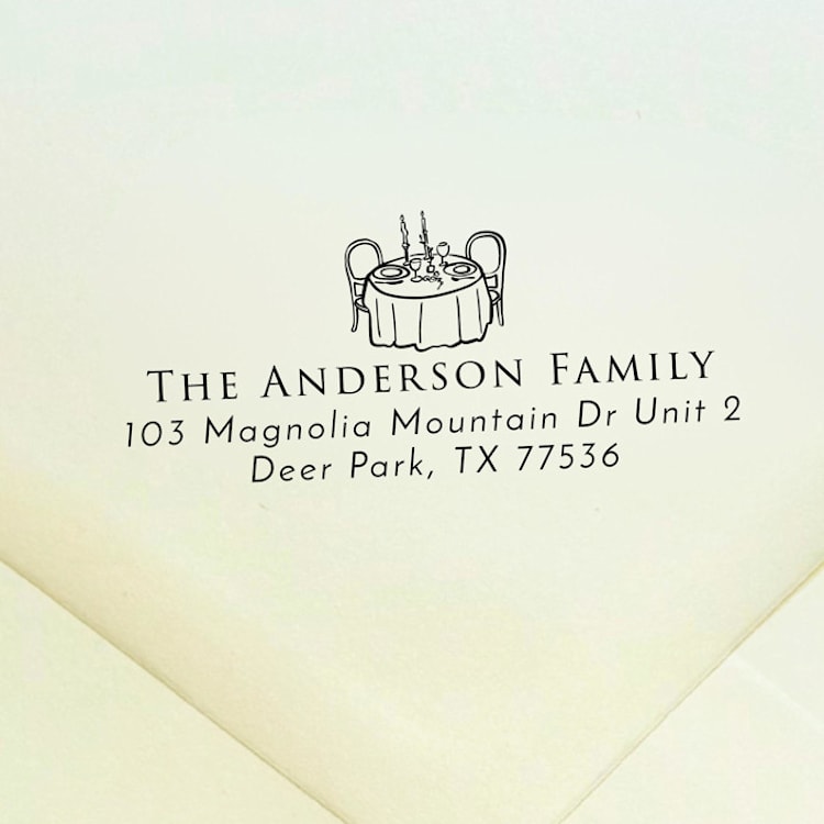 "Dinner Party Address Stamp | Self Inking Return Address Stamp" - Address Stamps in black by Samantha Malvey