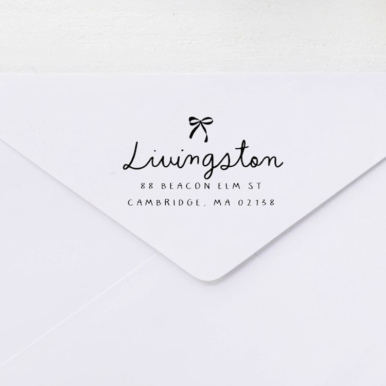 "Petite Bow Stamp - Handwritten Address Stamp | Self-inking Stamp" - Address Stamps in multicolorassorted-colors by Sara Luke