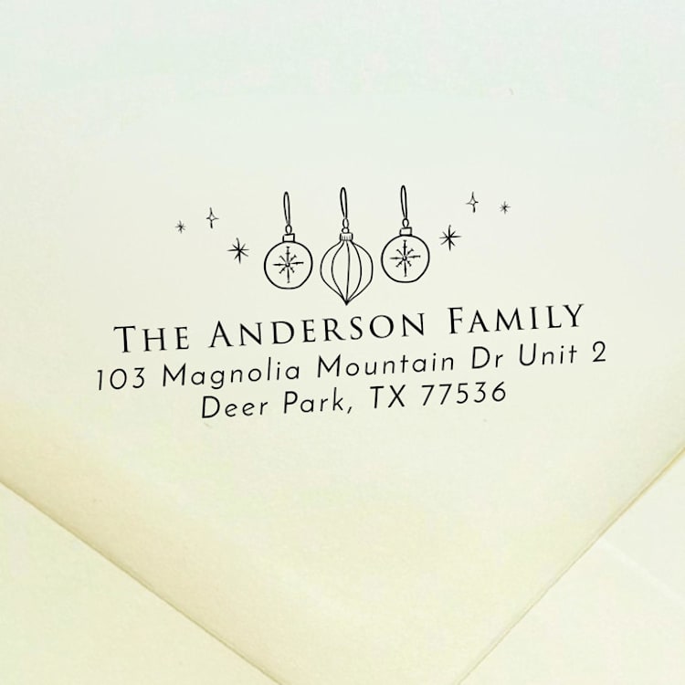 "Christmas Ornaments Address Stamp | Self Inking Return Address Stamp" - Address Stamps in black by Samantha Malvey