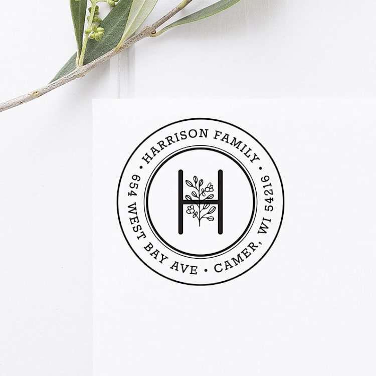 "Floral Monogram Return Address Stamp, Round Self Inking" - Address Stamps in black by Port of Reverie