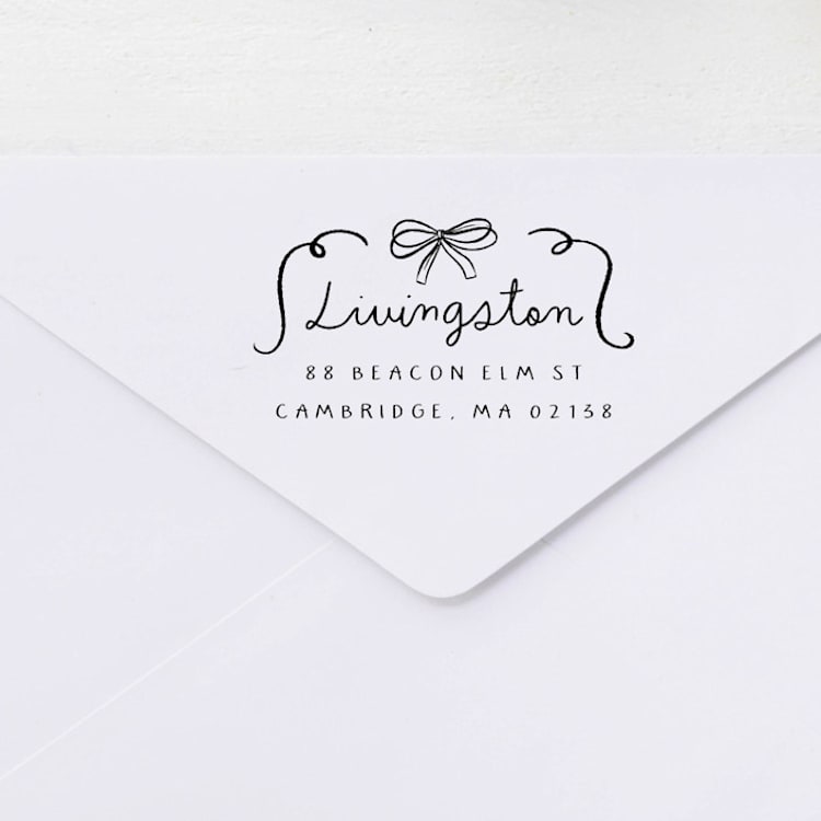 "Bow and Flourish Stamp - Whimsical Script Address Stamp | Self-inking Stamp" - Address Stamps in multicolorassorted-colors by Sara Luke