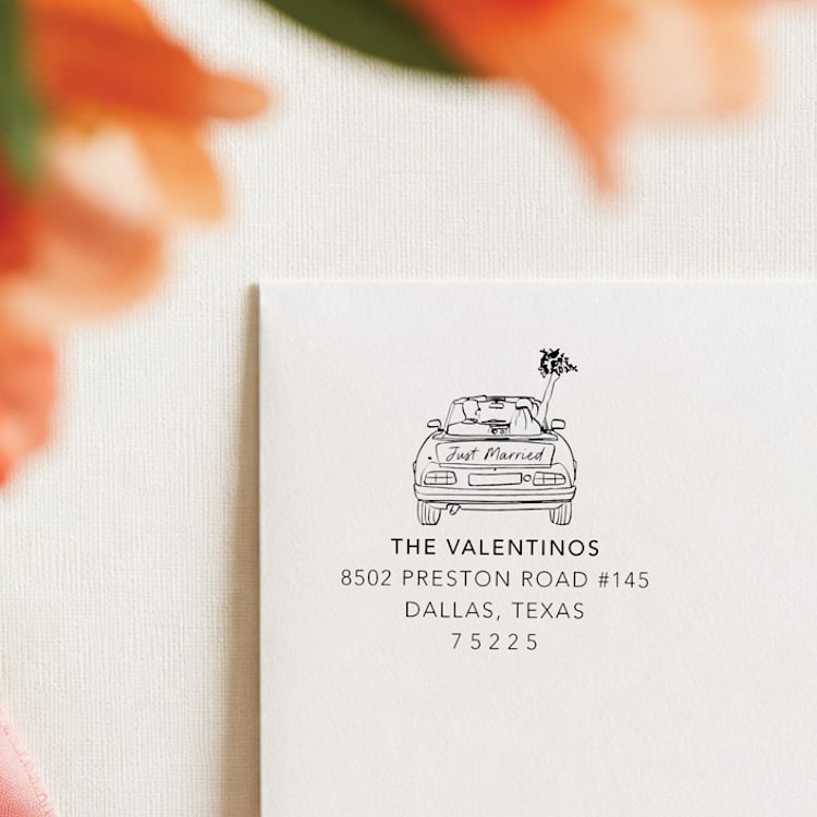 "Just Married Stamp - Wedding Car Address Stamp | Wood Handle Stamp" - Address Stamps in multicolorassorted-colors by Sara Luke