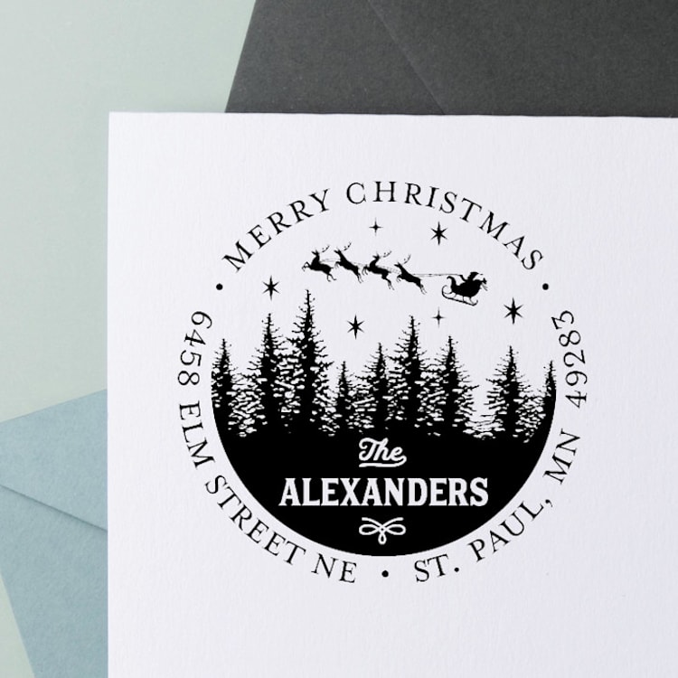 "Custom Santa and Reindeer Return Address Stamp | Self-inking stamp" - Address Stamps in black by Sara Luke