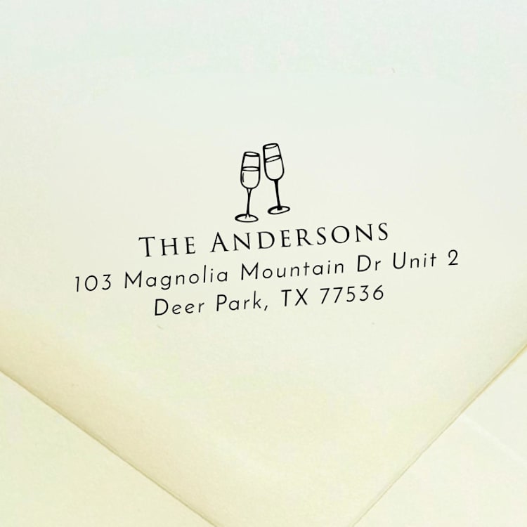 "Champagne Glasses Address Stamp | Self Inking Return Address Stamp" - Address Stamps in black by Samantha Malvey