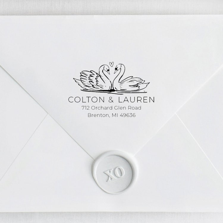 "Swan Return Address Stamp - Romantic Wedding Invitation | Wood Handle Stamp" - Address Stamps in multicolorassorted-colors by Sara Luke