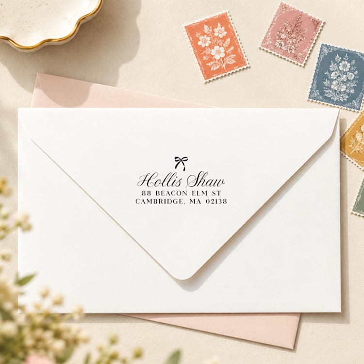 "Bow Calligraphy Stamp - Formal Script Address Stamp | Wood Handle Stamp" - Address Stamps in multicolorassorted-colors by Sara Luke
