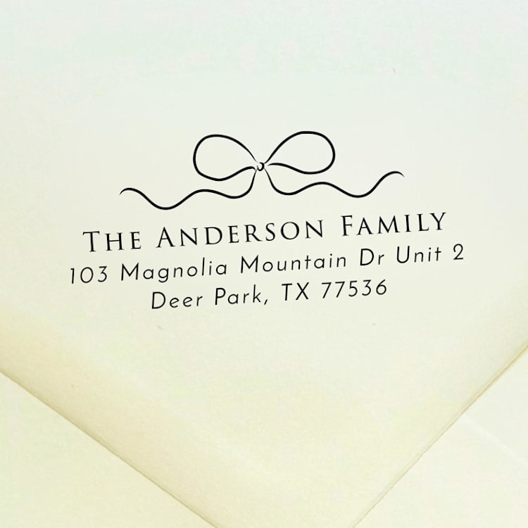 "Bow Address Stamp | Self Inking Return Address Stamp" - Address Stamps in black by Samantha Malvey