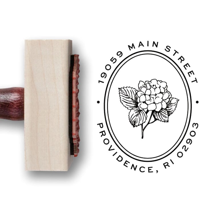 "Garden Hydrangea Address Stamp | Round Wooden Return Address Stamp" - Address Stamps in multicolorassorted-colors by Alyssa Cook