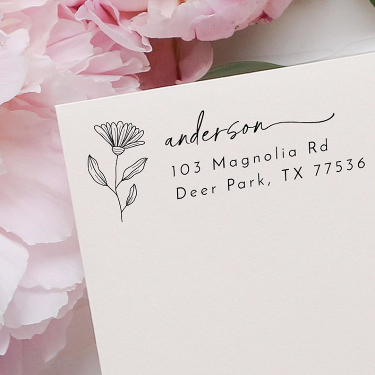 "Floral Address Stamp | Self Inking Return Address Stamp" - Address Stamps in black by Samantha Malvey