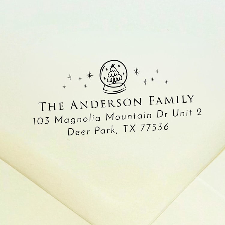 "Snowglobe Address Stamp | Self Inking Return Address Stamp" - Address Stamps in black by Samantha Malvey