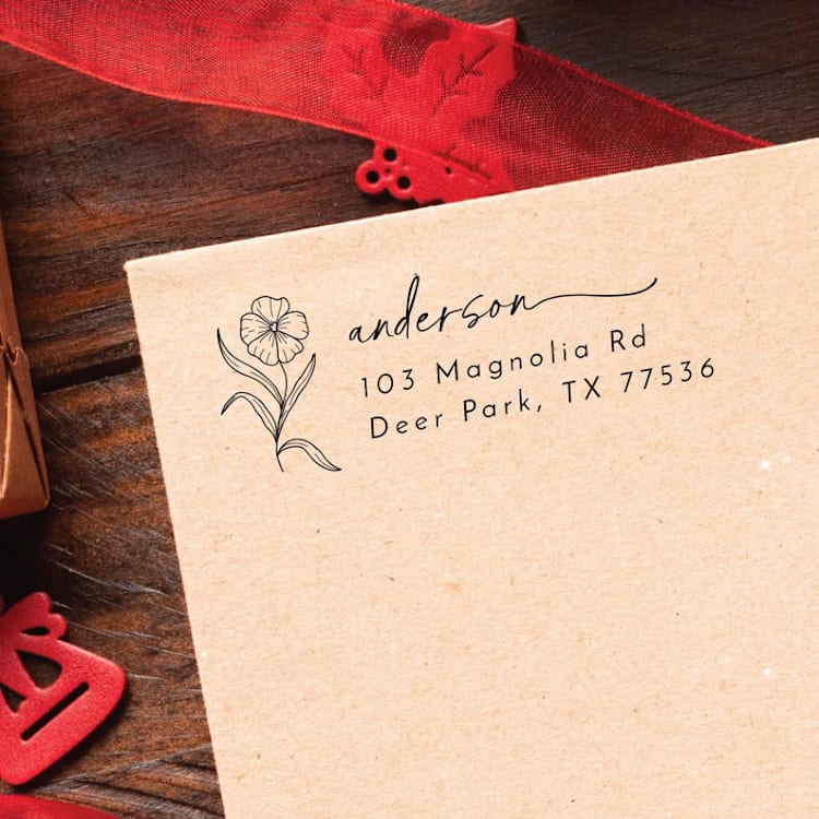 "Poppy Holiday Address Stamp | Self Inking Return Address Stamp" - Address Stamps in black by Samantha Malvey