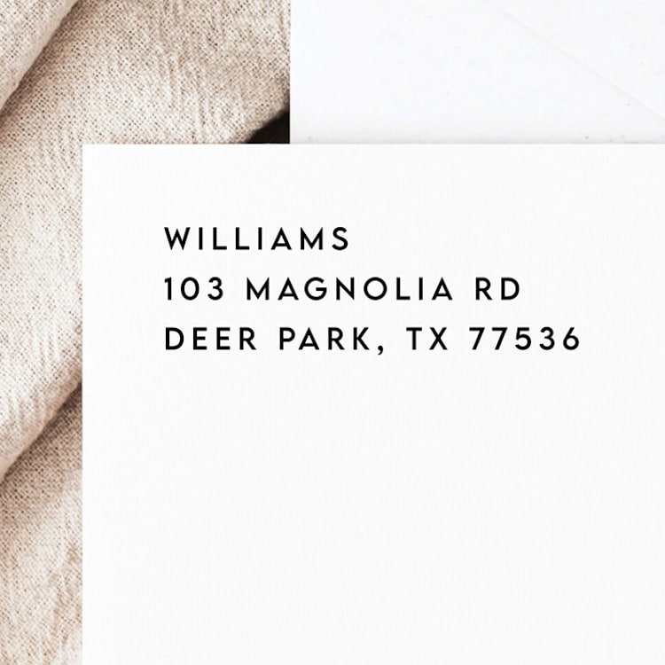 "Simple Return Address Stamp | Self-Inking Return Address Stamp" - Address Stamps in black by Samantha Malvey