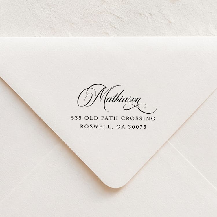 "Elegant Script Return Address Stamp | Wood Block Stamp" - Address Stamps in multicolor by Sara Luke