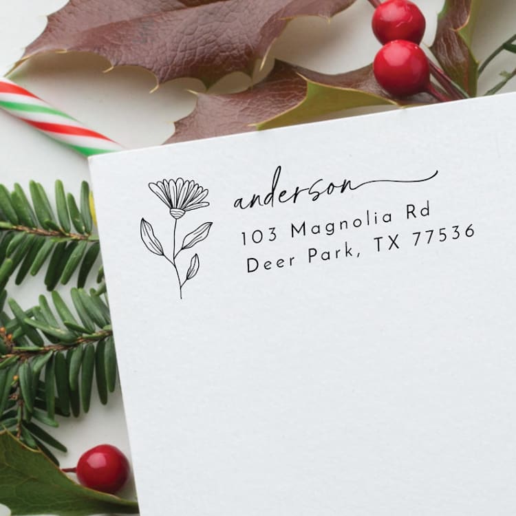 "Floral Holiday Address Stamp | Self Inking Return Address Stamp" - Address Stamps in black by Samantha Malvey