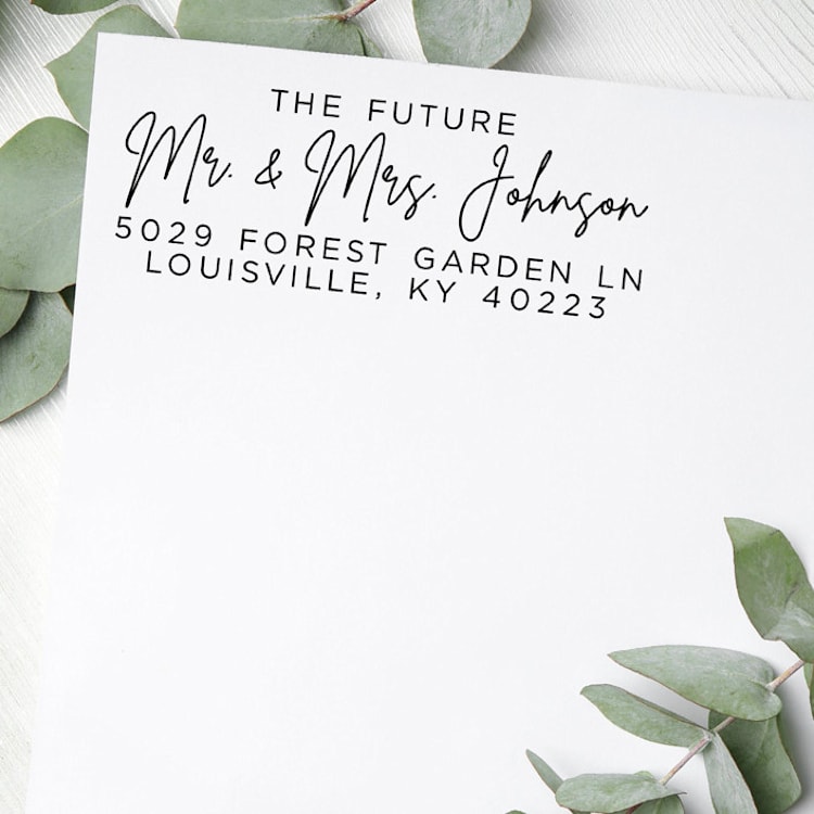 "Custom Future Modern Script Address Stamp | Self-Inking | Black Ink" - Address Stamps in black by Casey Harp