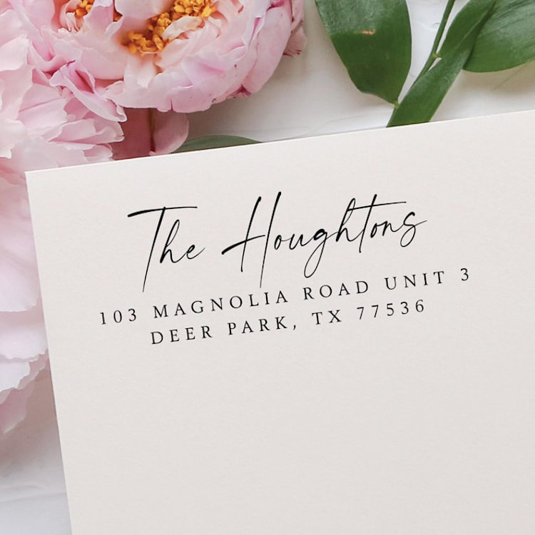 "Calligraphy Address Stamp | Self Inking Return Address Stamp" - Address Stamps in black by Samantha Malvey