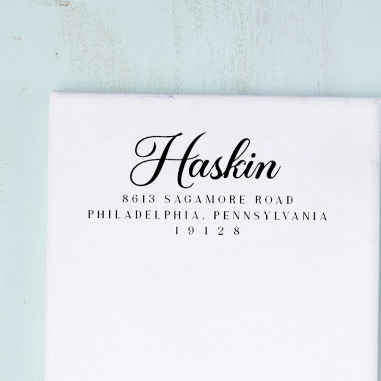 "Elegant Script Return Address Stamp | Wood Handle Stamp" - Address Stamps in multicolor by Sara Luke