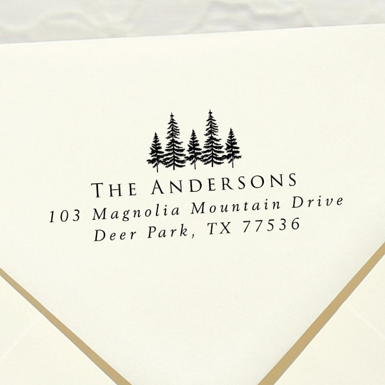 "Evergreen trees address stamp | Self Inking Return Address Stamp" - Address Stamps in black by Samantha Malvey