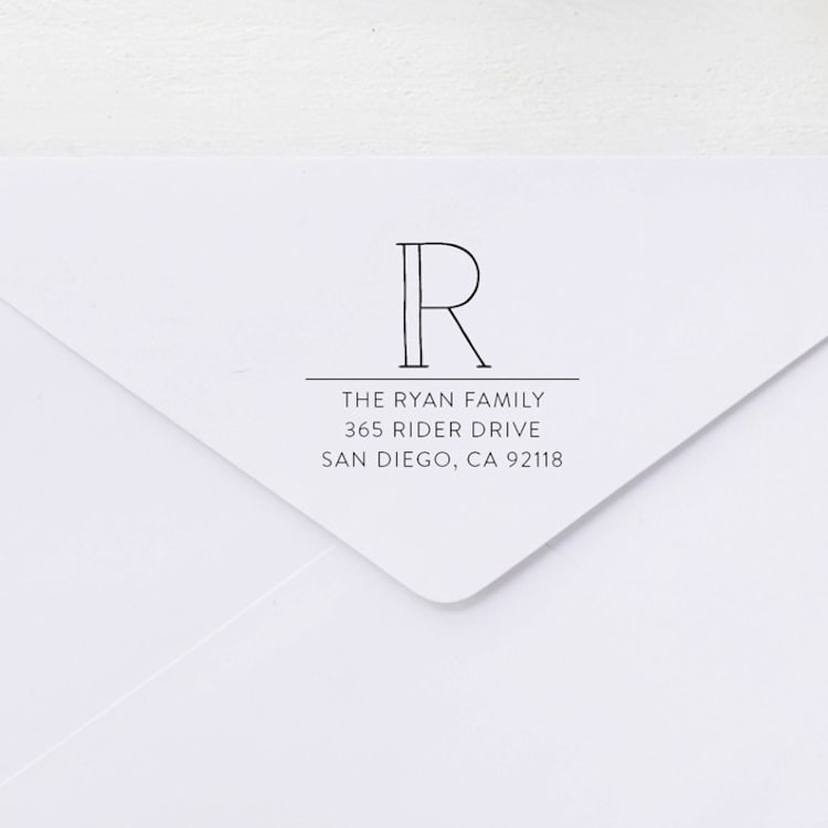 "Outlined Monogram Stamp - Modern Family Address Stamp | Wood Handle Stamp" - Address Stamps in multicolorassorted-colors by Sara Luke