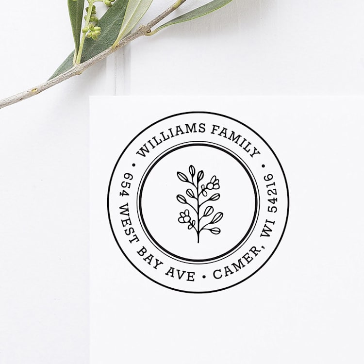 "Floral Return Address Stamp, Round Self Inking" - Address Stamps in black by Port of Reverie