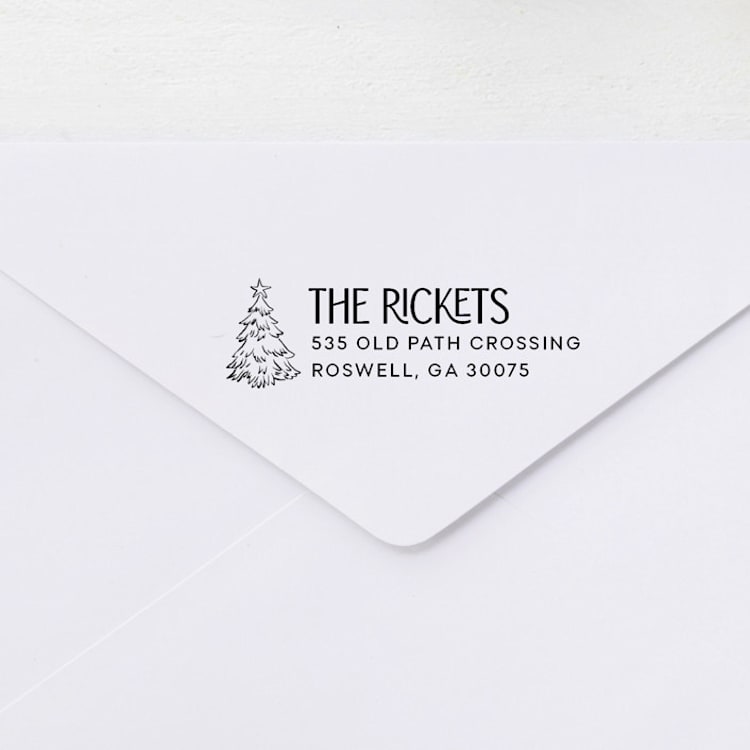 "Christmas Tree Return Address Stamp | Wood Handle Stamp" - Address Stamps in multicolor by Sara Luke