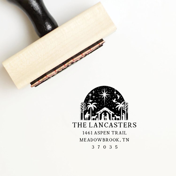 "Nativity Return Address Stamp for Christmas Cards | Wood Handle Stamp" - Address Stamps in multicolorassorted-colors by Sara Luke