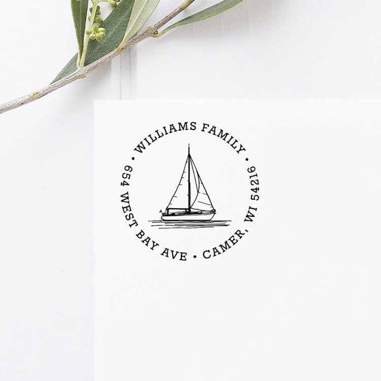 "Sailboat Return Address Stamp, Round Self Inking" - Address Stamps in black by Port of Reverie