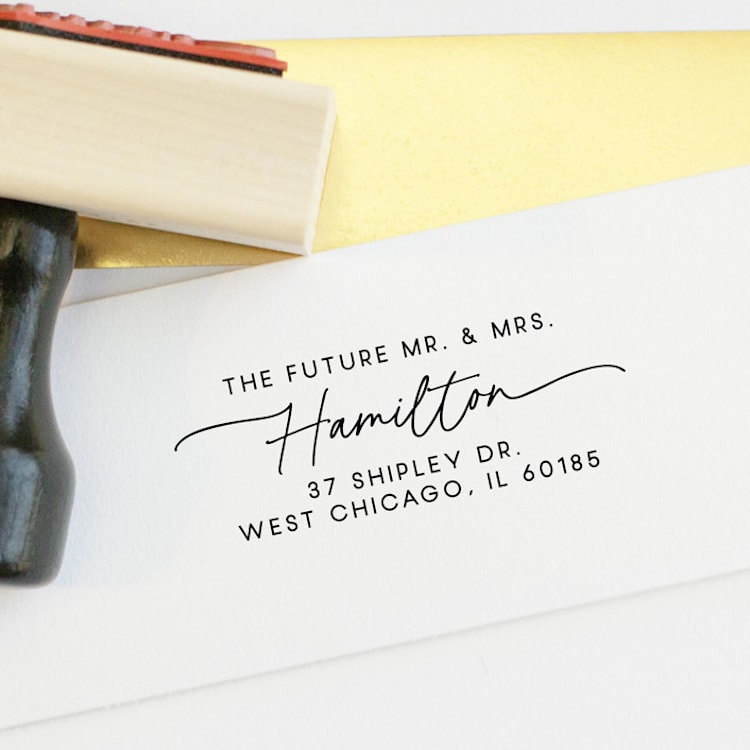 "Future Mr. and Mrs. Return Address Stamp | Wood Handle Stamp" - Address Stamps in multicolorassorted-colors by Sara Luke