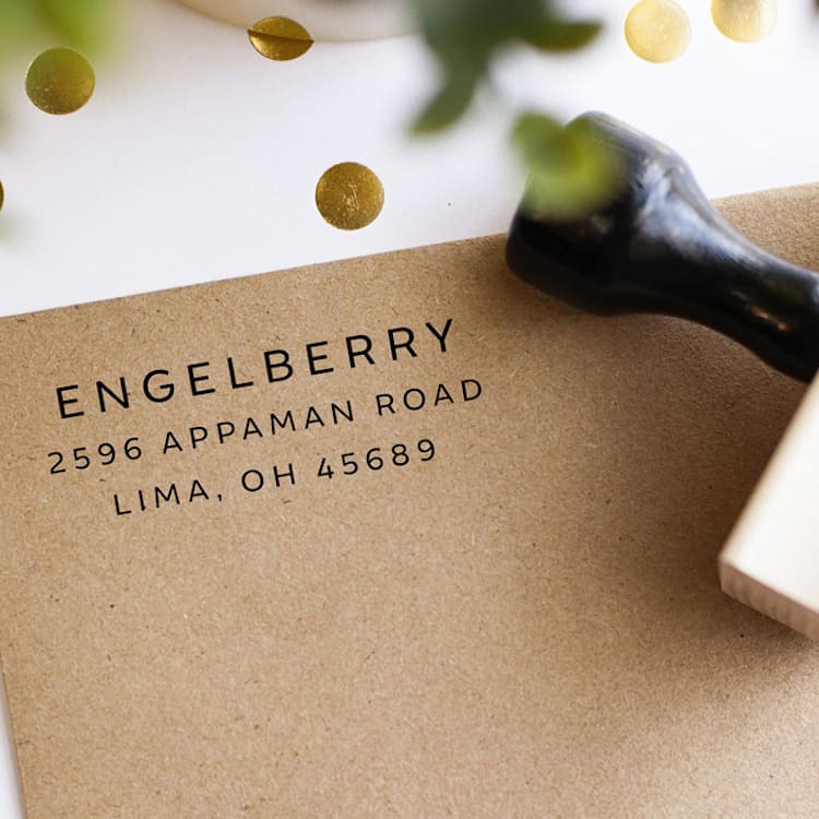 "Modern Minimalistic Custom Address Stamp in All Caps | Wood Handle Stamp" - Address Stamps in multicolorassorted-colors by Sara Luke