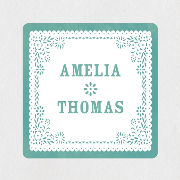 "Fiesta Folk Art" - Wedding Favor Stickers in Lagoon by root beer float - Front