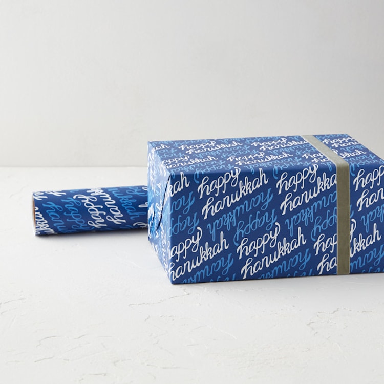 "Happy Hanukkah Calligraphy" - Wrapping Paper Roll in Cobalt by Julia Simons