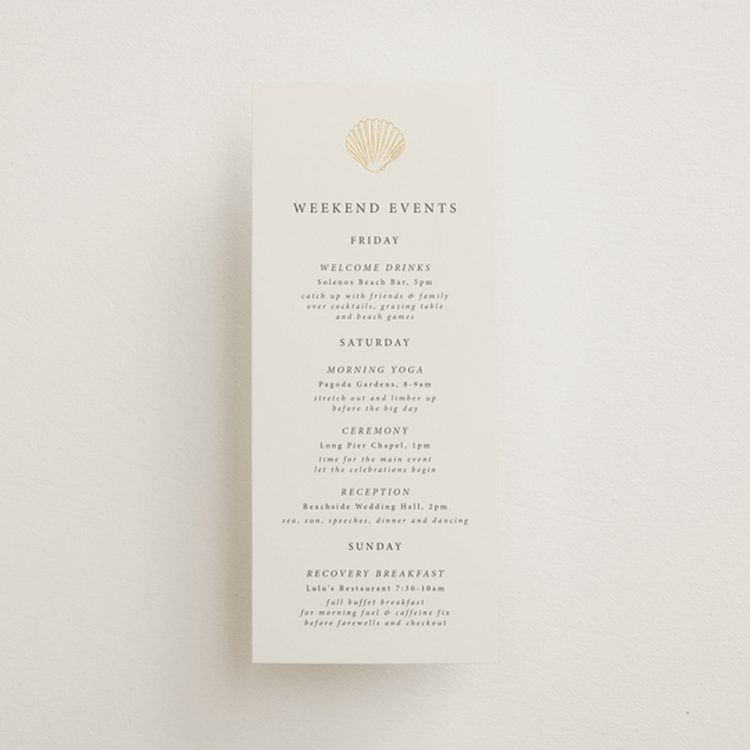 "Simple Seashell" - Wedding Weekend Itinerary Cards in Sand by Hannah Bowman - Front