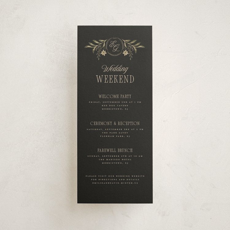 "Emilie" - Wedding Weekend Itinerary Cards in Noir by Randi Cirelli - Front