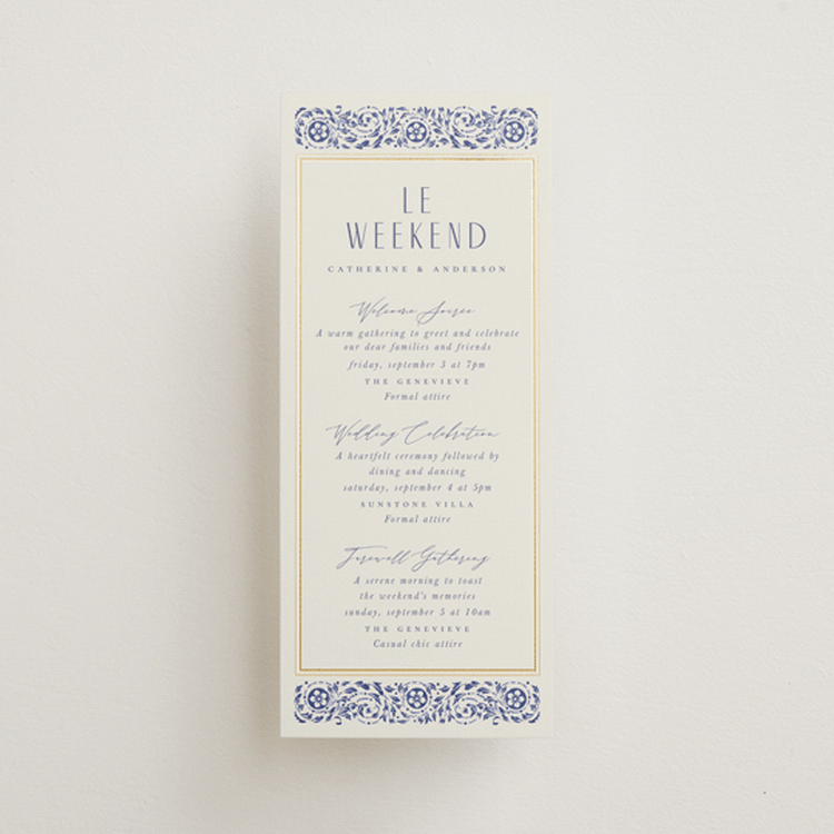 "Tiled Romance" - Wedding Weekend Itinerary Cards in Dynasty Blue by Ana de Sousa - Front