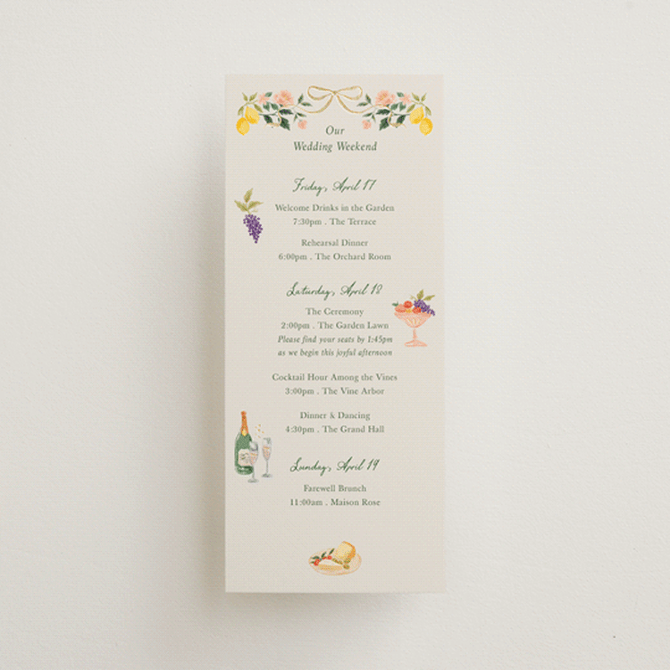 "Garden Feast" - Wedding Weekend Itinerary Cards in Garden by Elly - Front