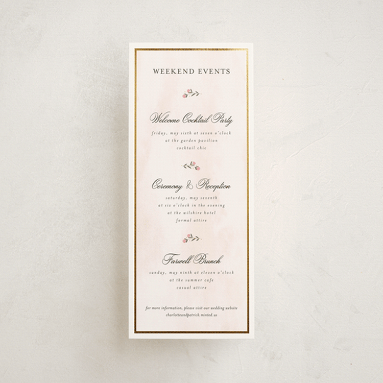 "Embrace" - Wedding Weekend Itinerary Cards in Peony by Susan Moyal - Front