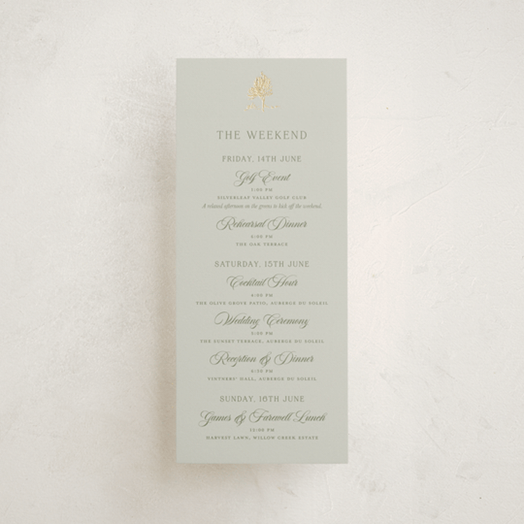 "Country Elegance" - Wedding Weekend Itinerary Cards in Sage by Lucrecia Caporale - Front