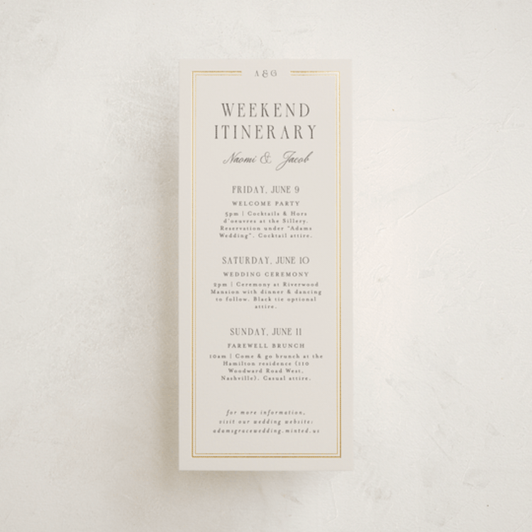 "Grace" - Wedding Weekend Itinerary Cards in Champagne by Nicole Walsh - Front