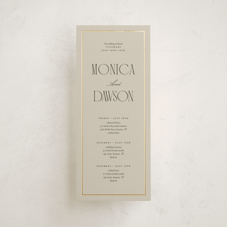 "Luxe Lines" - Wedding Weekend Itinerary Cards in Champagne by Kristin Oliversen - Front