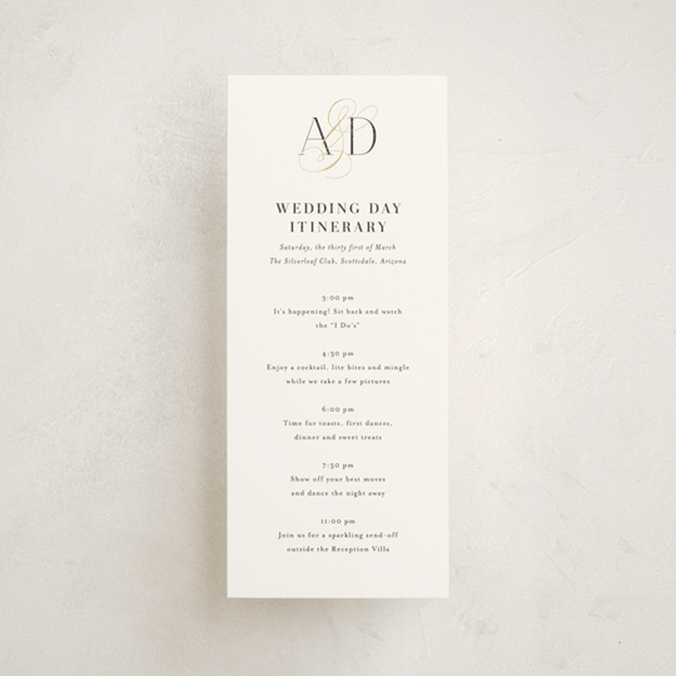 "Gilded Ampersand" - Wedding Weekend Itinerary Cards in Cotton by Jennifer Postorino - Front