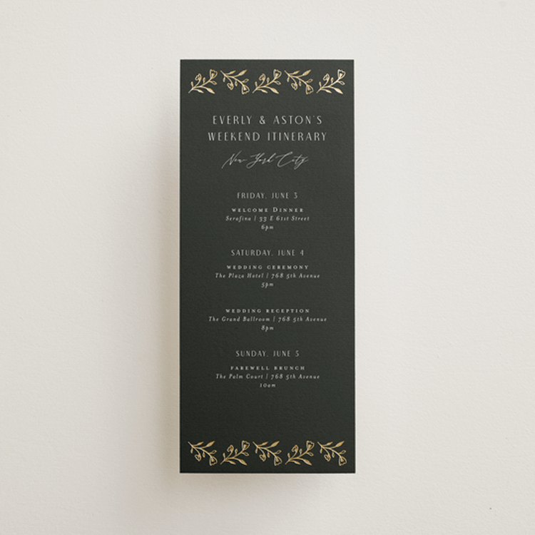 "Majesty" - Wedding Weekend Itinerary Cards in Onyx by Nicoletta Savod - Front