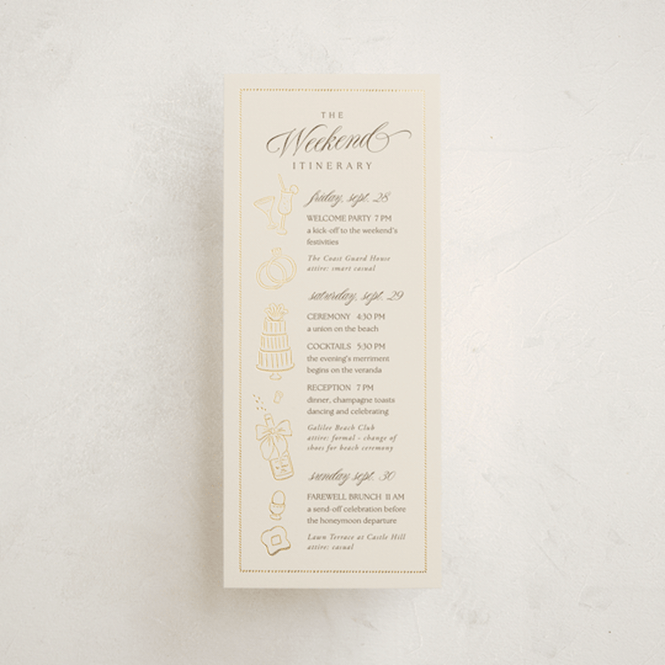 "Seaside" - Wedding Weekend Itinerary Cards in Champagne by Griffinbell Paper Co. - Front