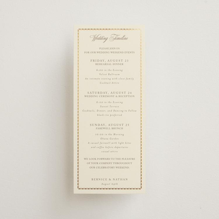 "Ahlum" - Wedding Weekend Itinerary Cards in Champagne by Deynaaz Daraei - Front