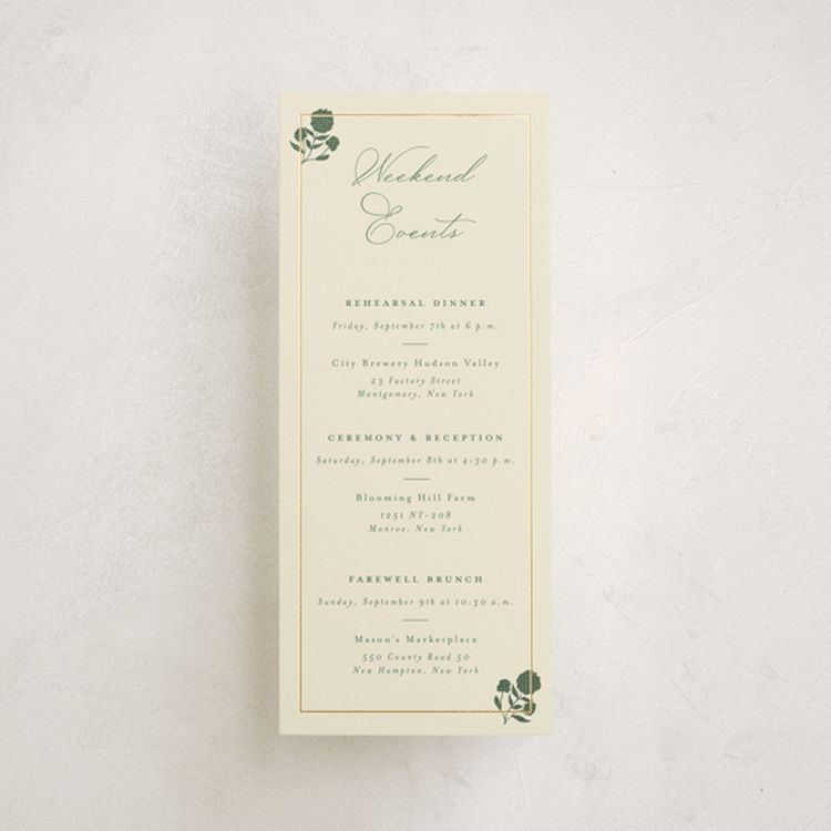 "Vintage Oval" - Wedding Weekend Itinerary Cards in Rosemary by Emily Betts - Front