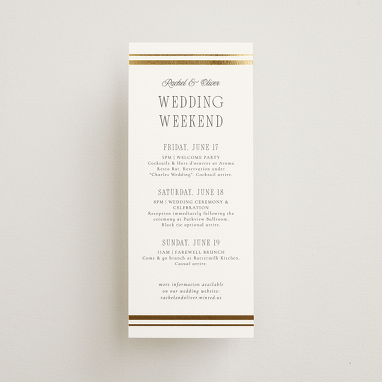 "Side Stripe" - Wedding Weekend Itinerary Cards in Pearl by Nicole Walsh - Front