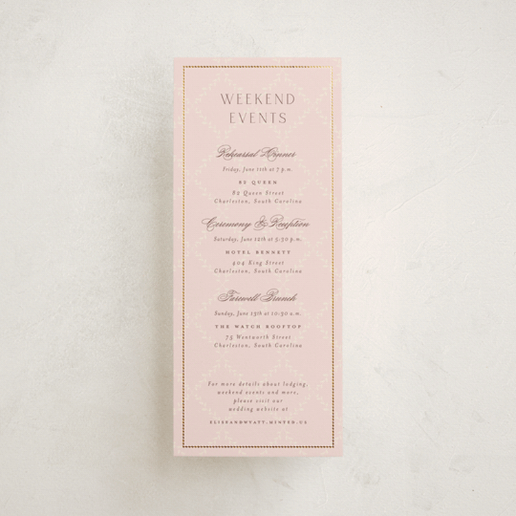 "Scallop Monogram" - Wedding Weekend Itinerary Cards in Rose Quartz by Emily Betts - Front