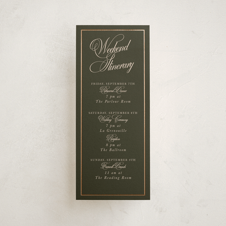 "Playbill" - Wedding Weekend Itinerary Cards in Midnight Forest by Morgan Kendall - Front